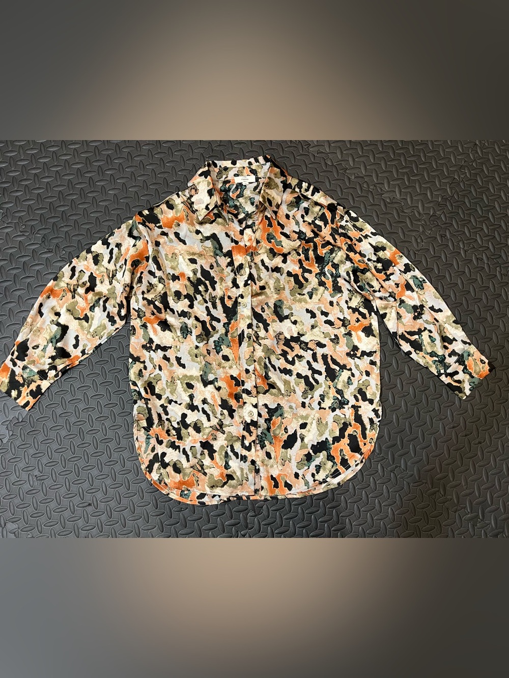 entro Women’s Button-Down Shirt — Cream, Black, Green & Orange Abstract Print